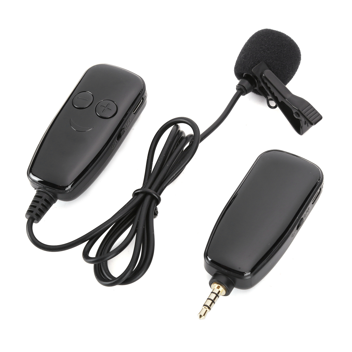 Schwarzes Mikrofon und zwei Bedieneinheiten mit Kabel und Klinkenstecker.