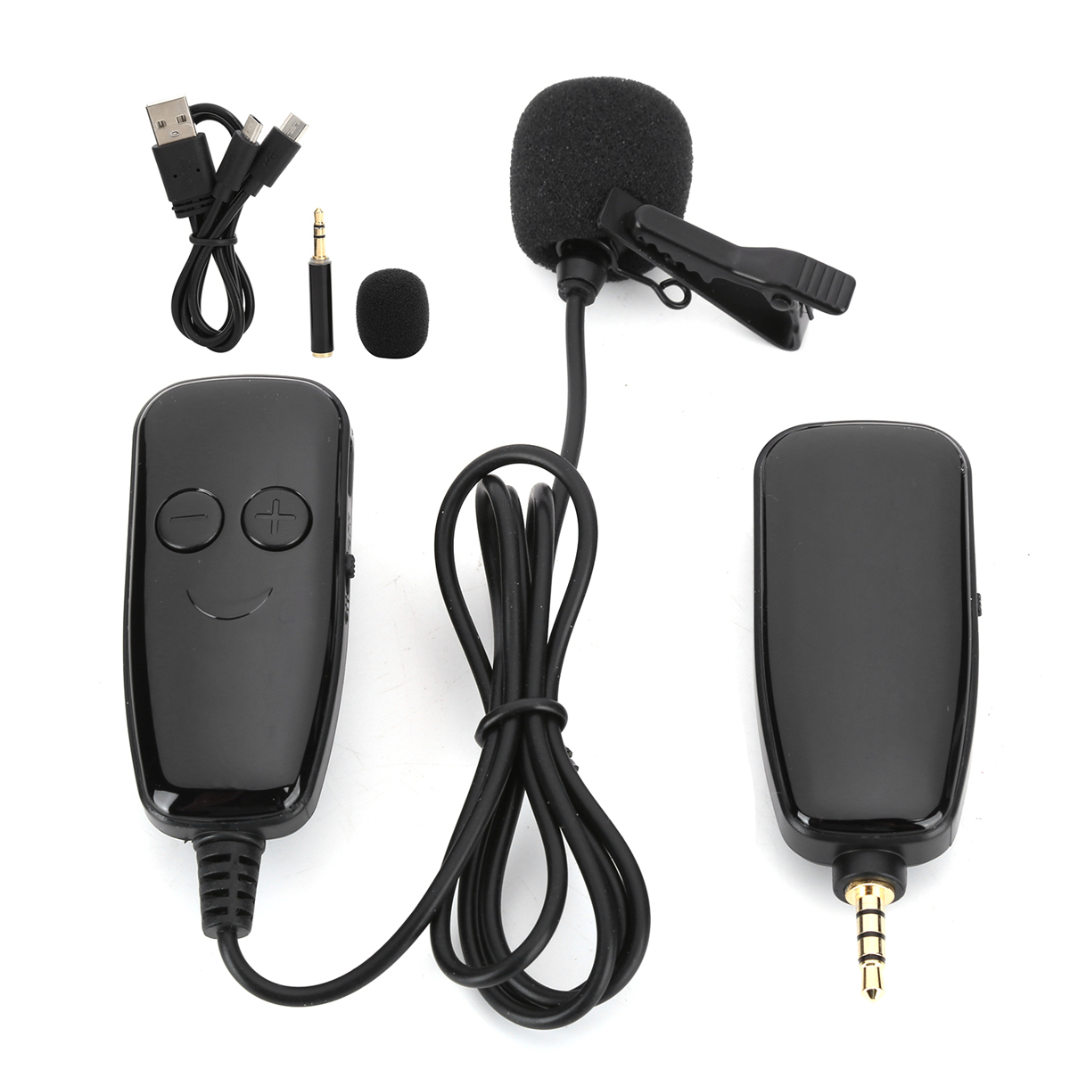 Schwarzes Gerät mit Tasten und USB-Kabel. Enthält ein Ansteckmikrofon mit Clip.