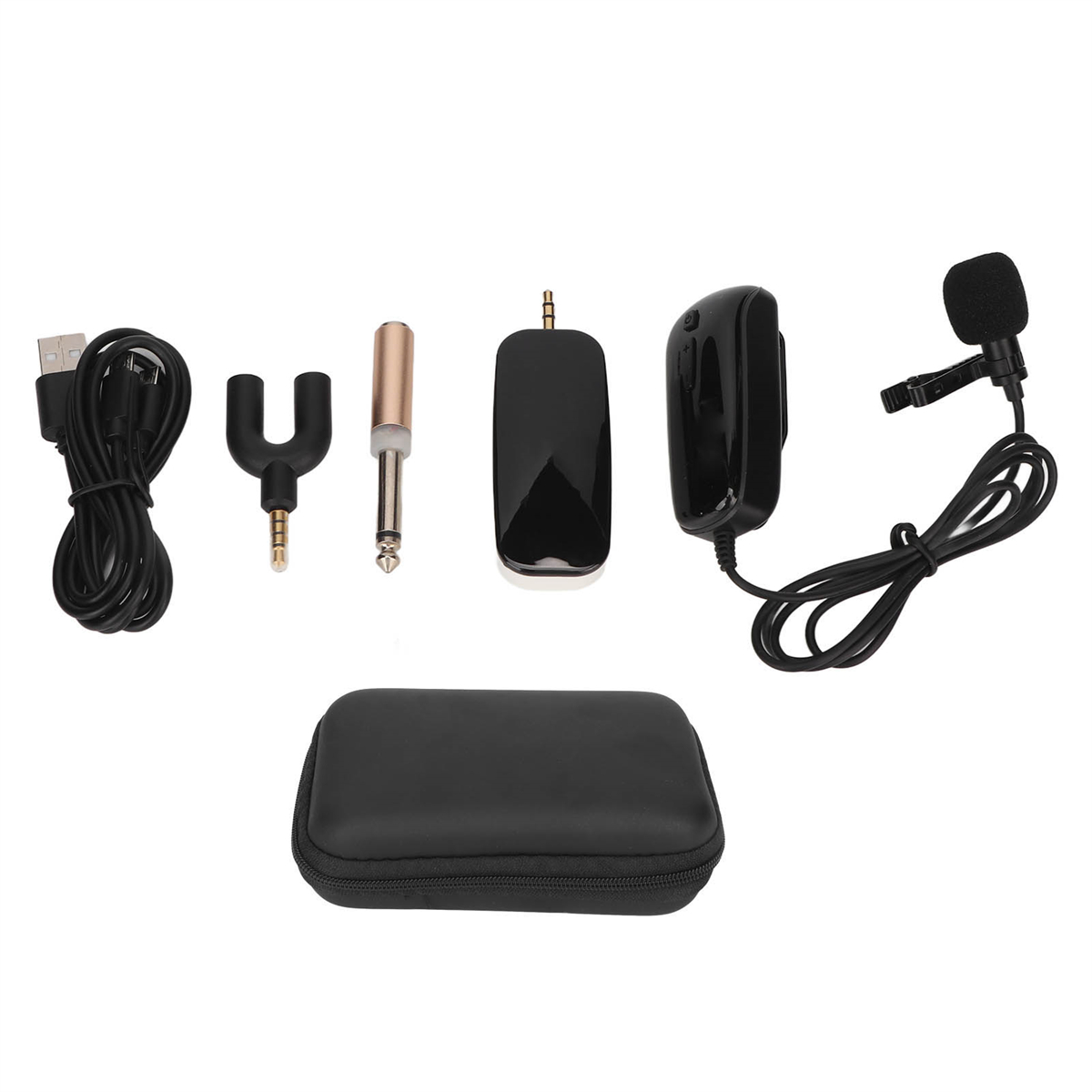Ein Set schwarzer Audioausrüstung, einschließlich Mikrofon, Empfänger und Kabel.