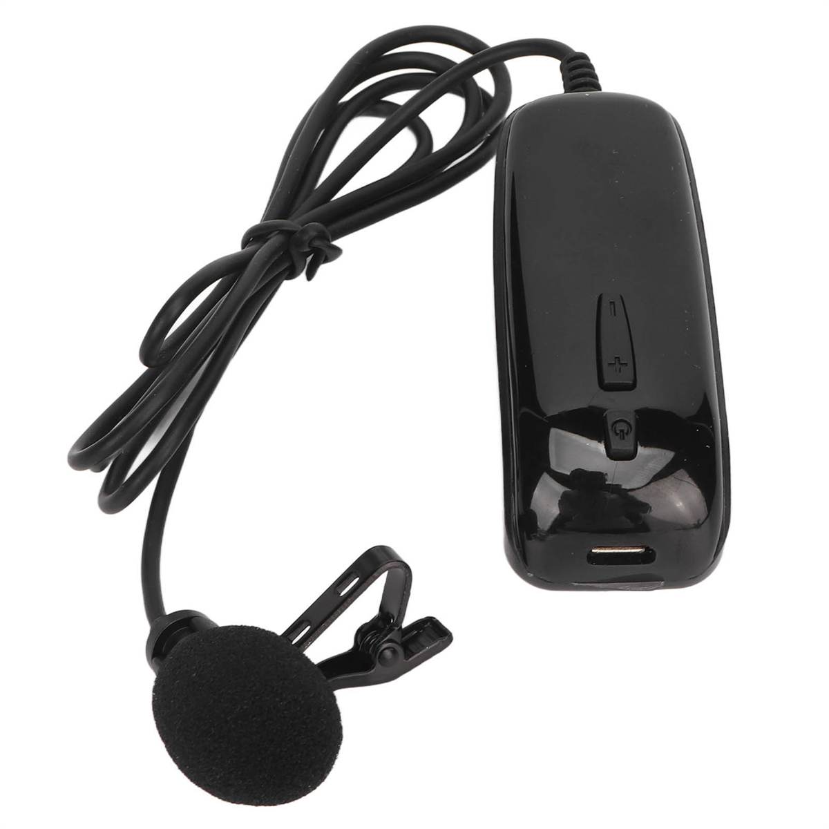 Schwarzes Ansteckmikrofon mit Clip. Es hat ein schwarzes Kabel und eine kleine Schaumabdeckung.