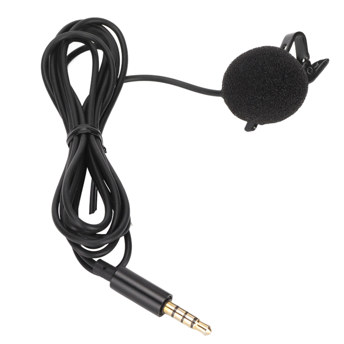 Ein schwarzes Ansteckmikrofon mit Schaumstoffabdeckung, Clip und 3,5-mm-Klinke. Das Kabel ist aufgerollt.