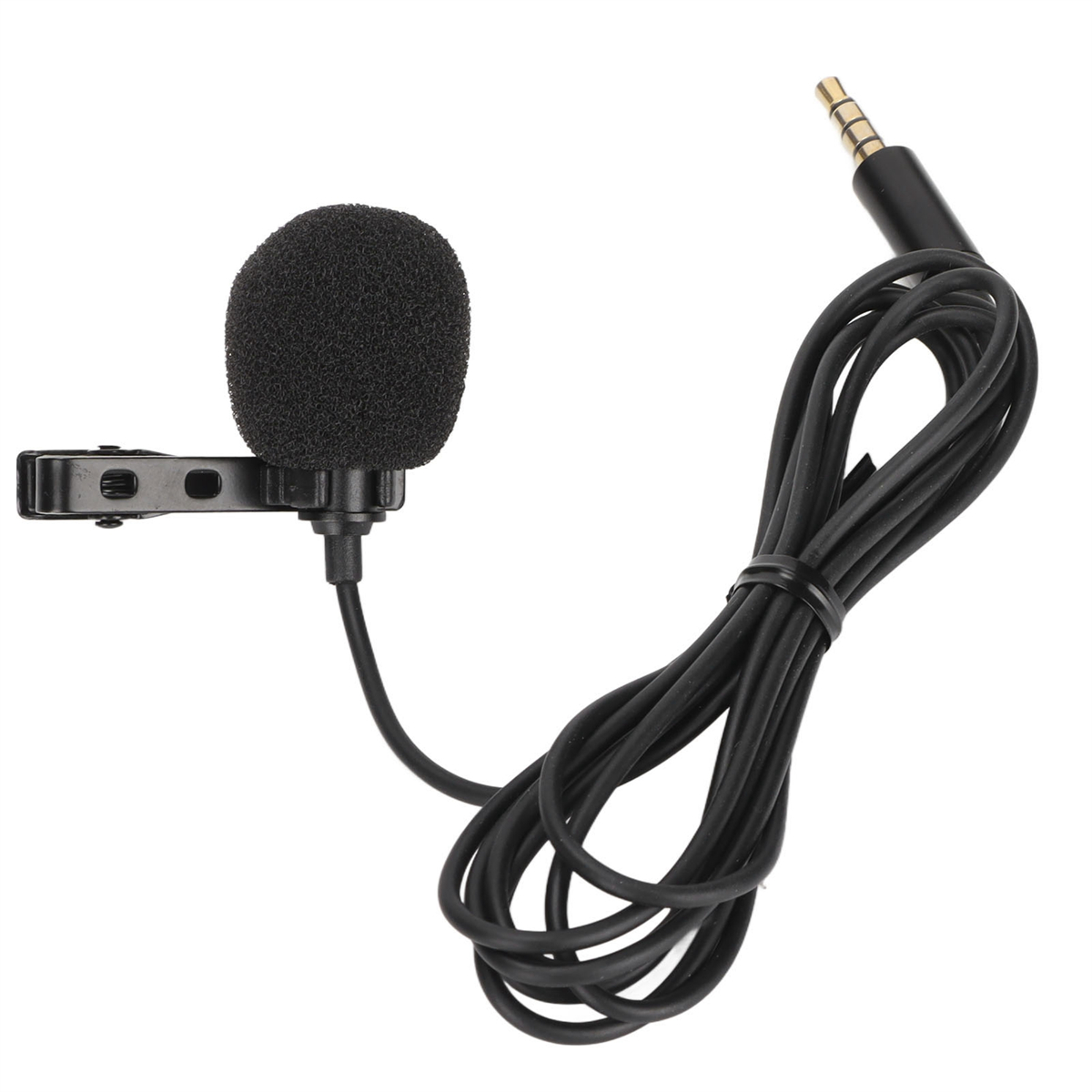 Kleines schwarzes Mikrofon mit Schaumstoffabdeckung und Stecker. Ein schwarzes Kabel mit Stecker.
