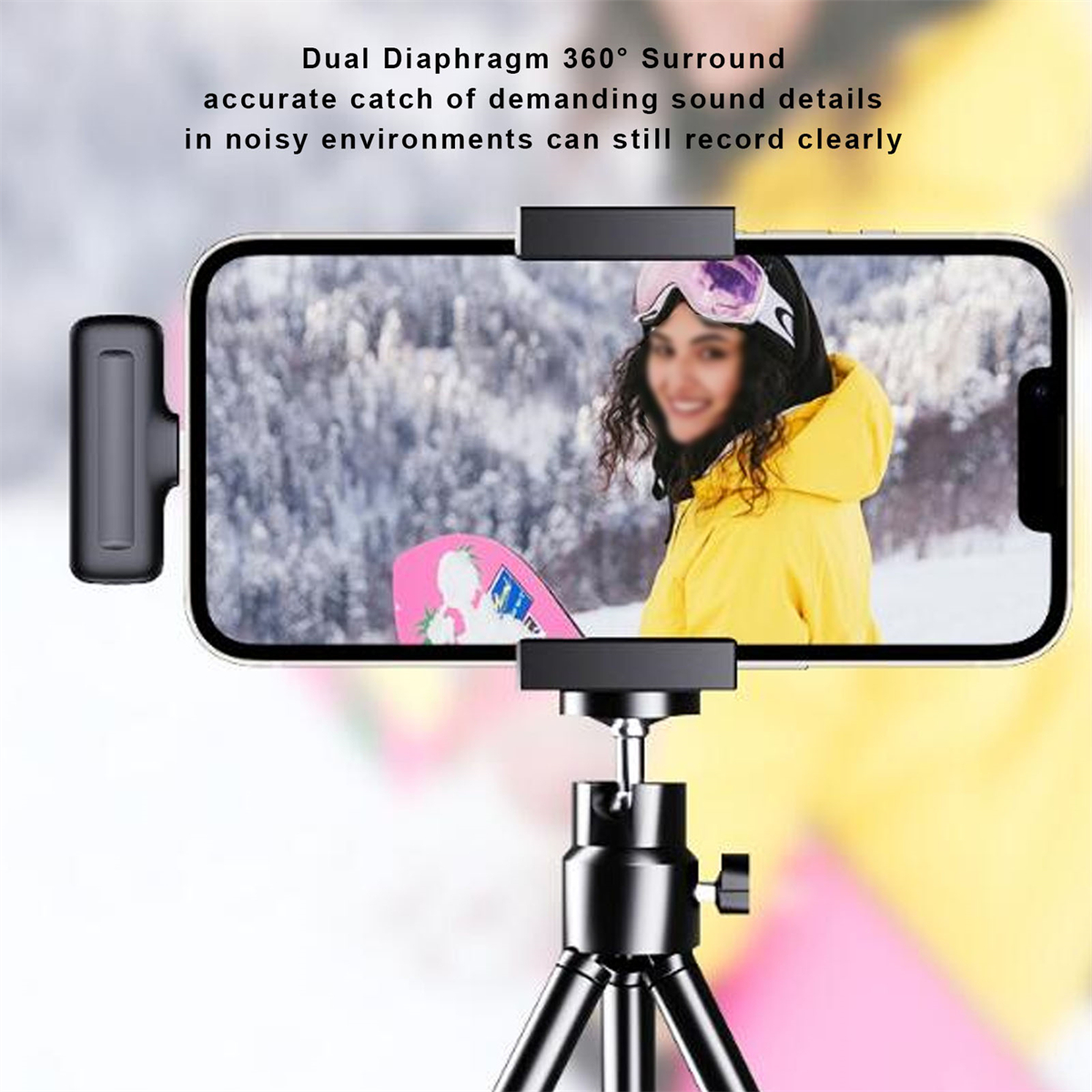 Ein Smartphone auf einem Stativ, mit einem Motiv im Hintergrund. Text: Duales Diaphragma 360° Surround.