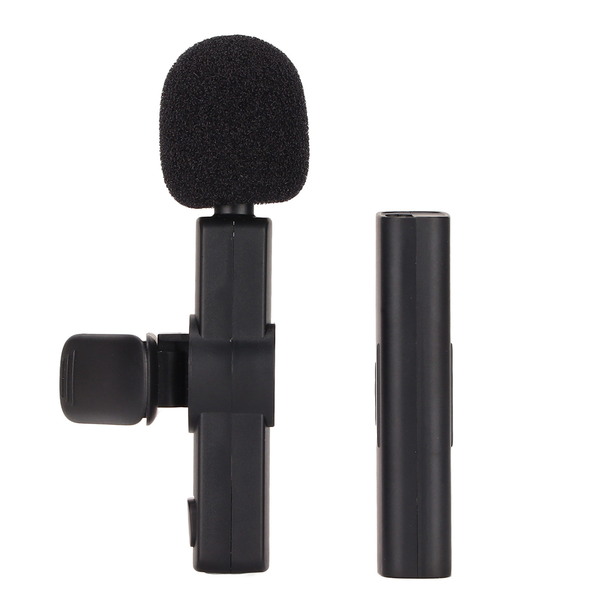 Zwei schwarze Mikrofone, eines mit Windschutz, und ein angeschlossener Empfänger.