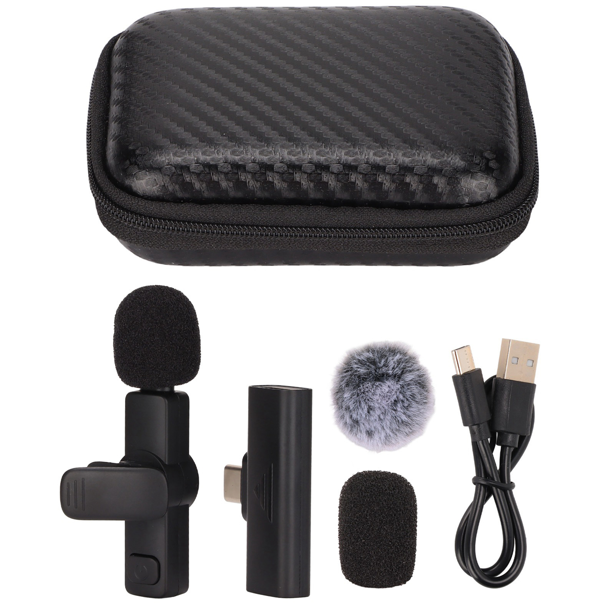 Schwarzes Mikrofon-Set. Enthält eine Hülle, zwei Mikrofone, einen Fellwindschutz und Ladekabel.