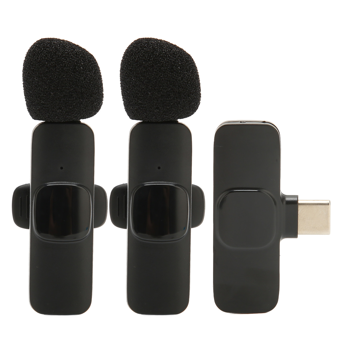 Drei schwarze Mikrofone mit Schaumstoffabdeckungen und USB-Anschluss.