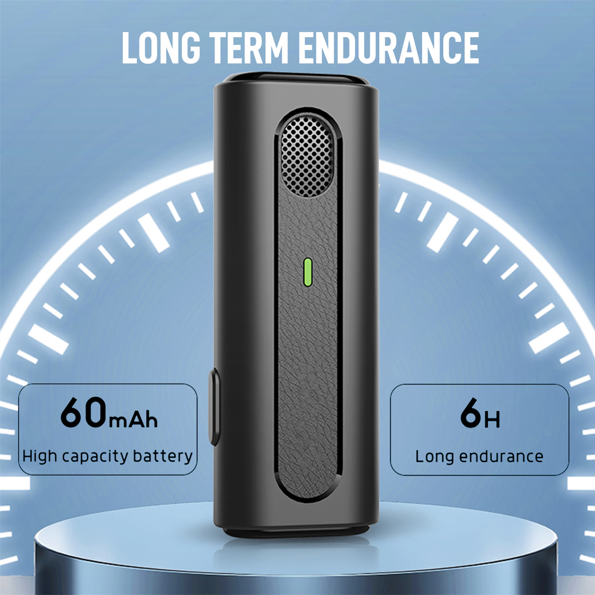 Schwarzes, rechteckiges Mikrofon mit Mikrofon, Akkuanzeige und Text: 60mAh, 6H Ausdauer.