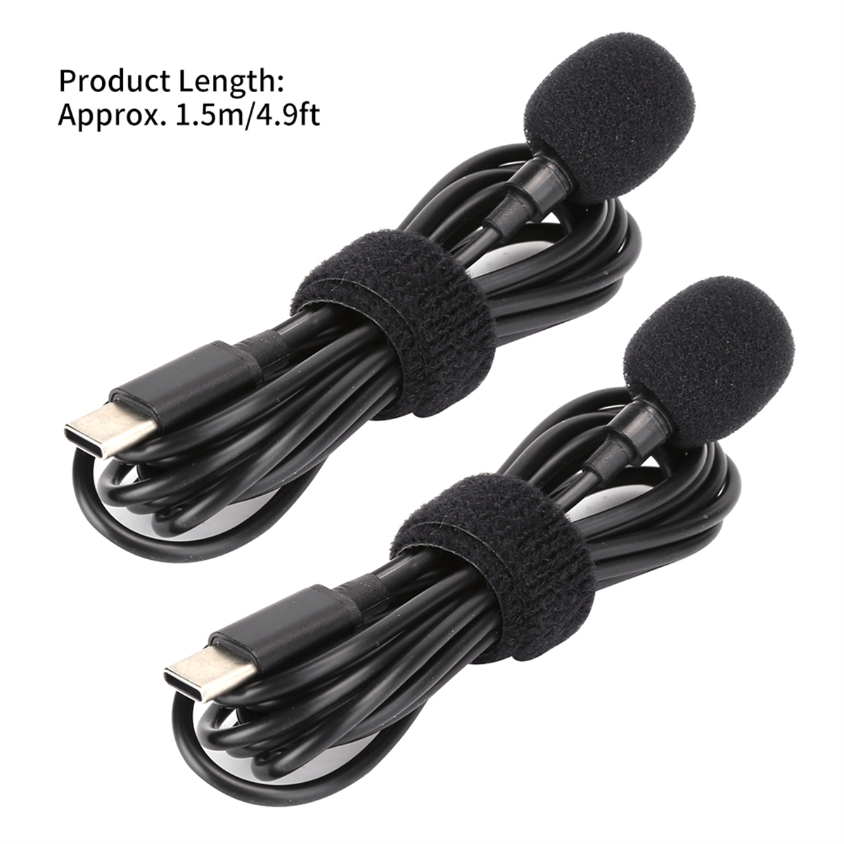 Zwei schwarze Mikrofone mit kleinen schwarzen Kugeln oben. Sie haben schwarze Kabel und sind mit USB-C-Anschlüssen verbunden.