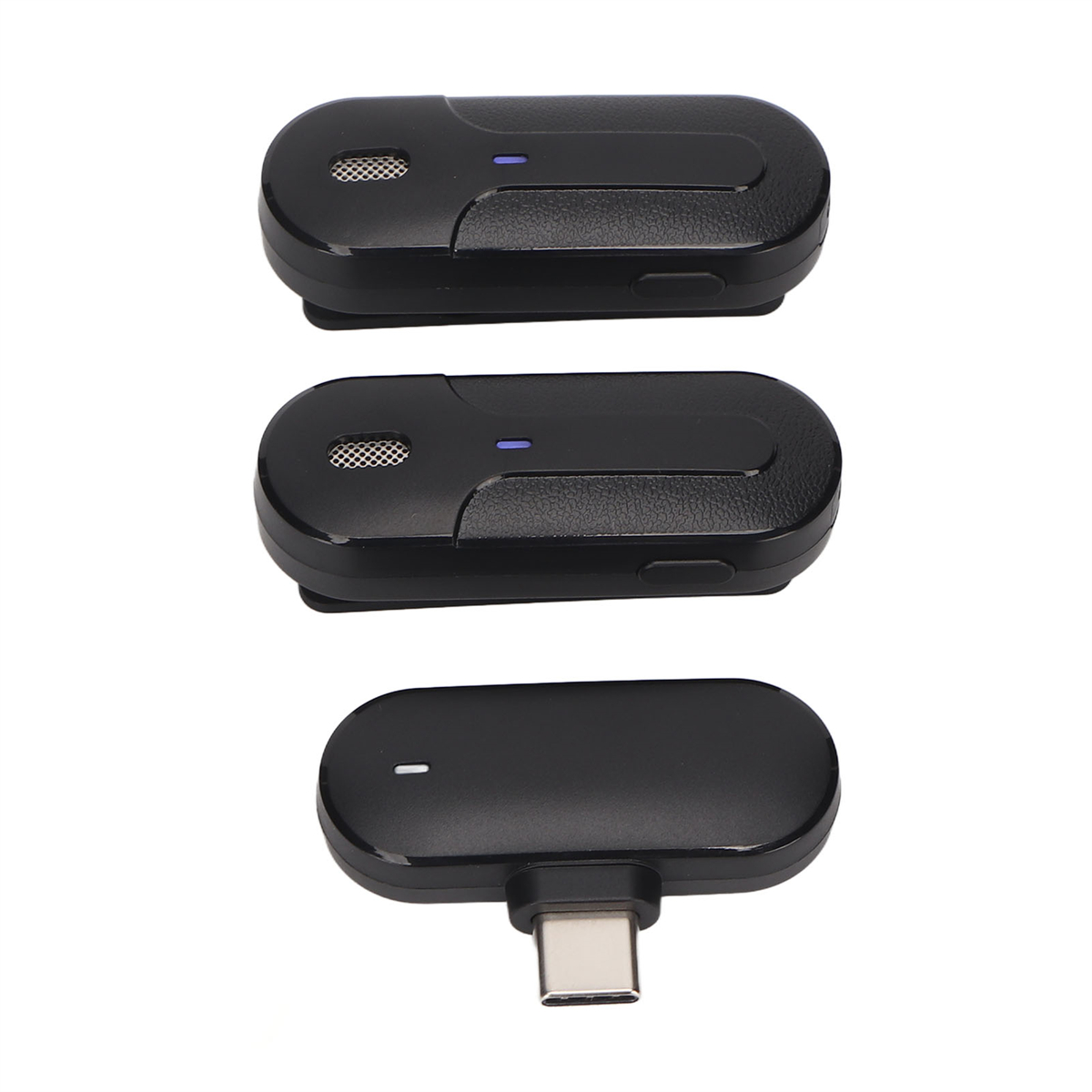 Drei schwarze Audioempfänger mit USB-C-Anschluss, isoliert.