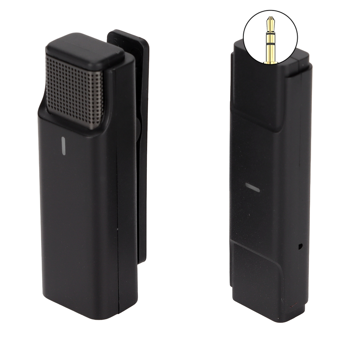 Zwei schwarze drahtlose Mikrofonempfänger mit Clips und 3,5-mm-Klinke, auf weißem Hintergrund.