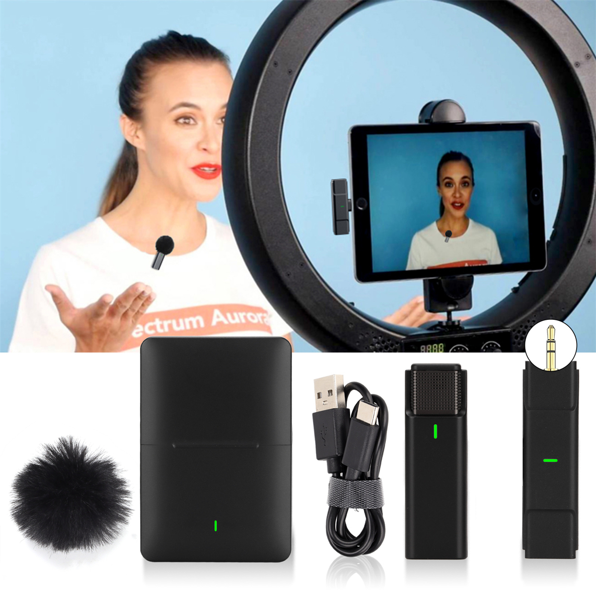 Eine Frau, die ein Ringlicht und ein Mikrofon für Aufnahmen verwendet. Zusätzliche Ausrüstung, wie eine schwarze Box und Kabel, ist sichtbar.