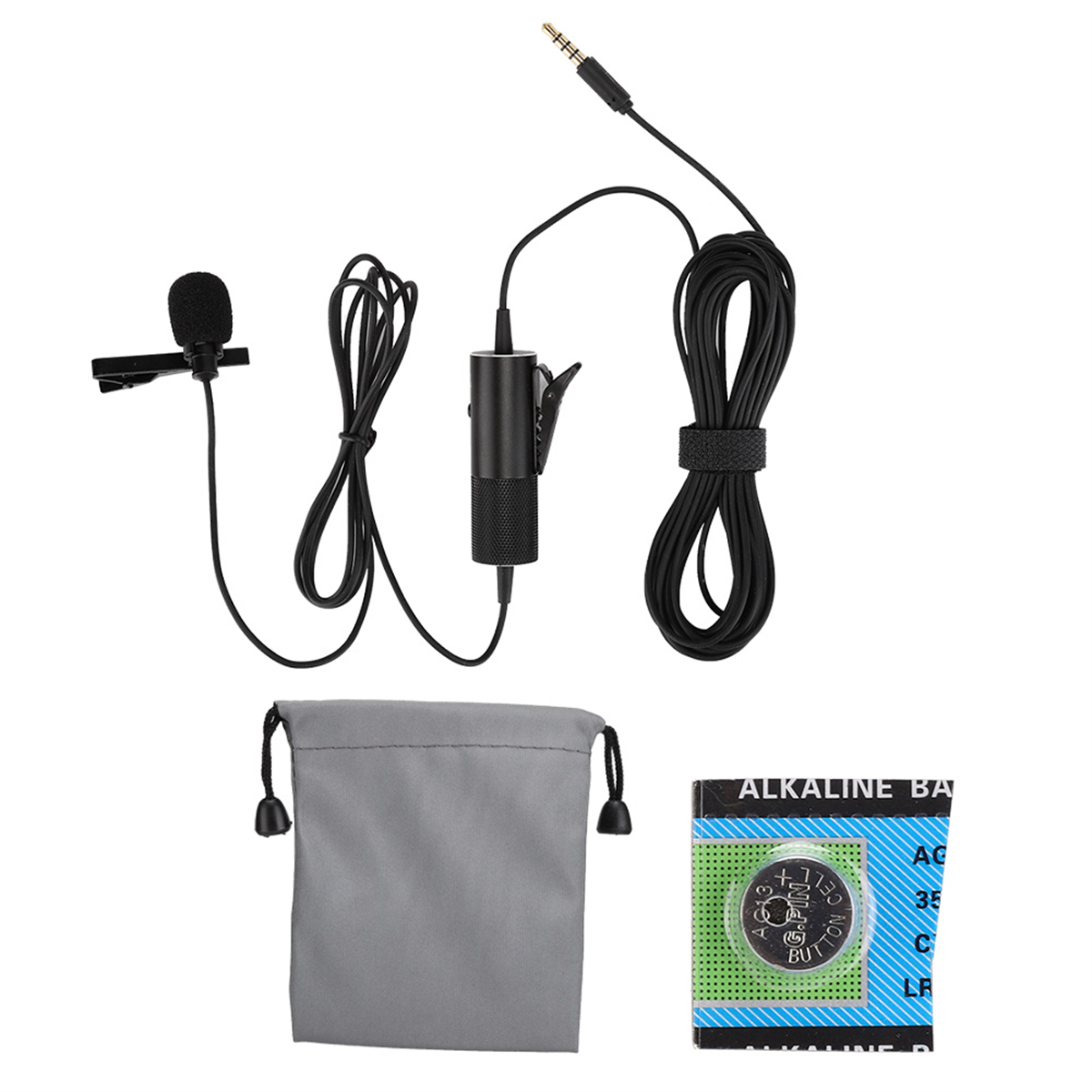 Miniaturmikrofon, Zubehör und eine Batterie in einem Beutel.
