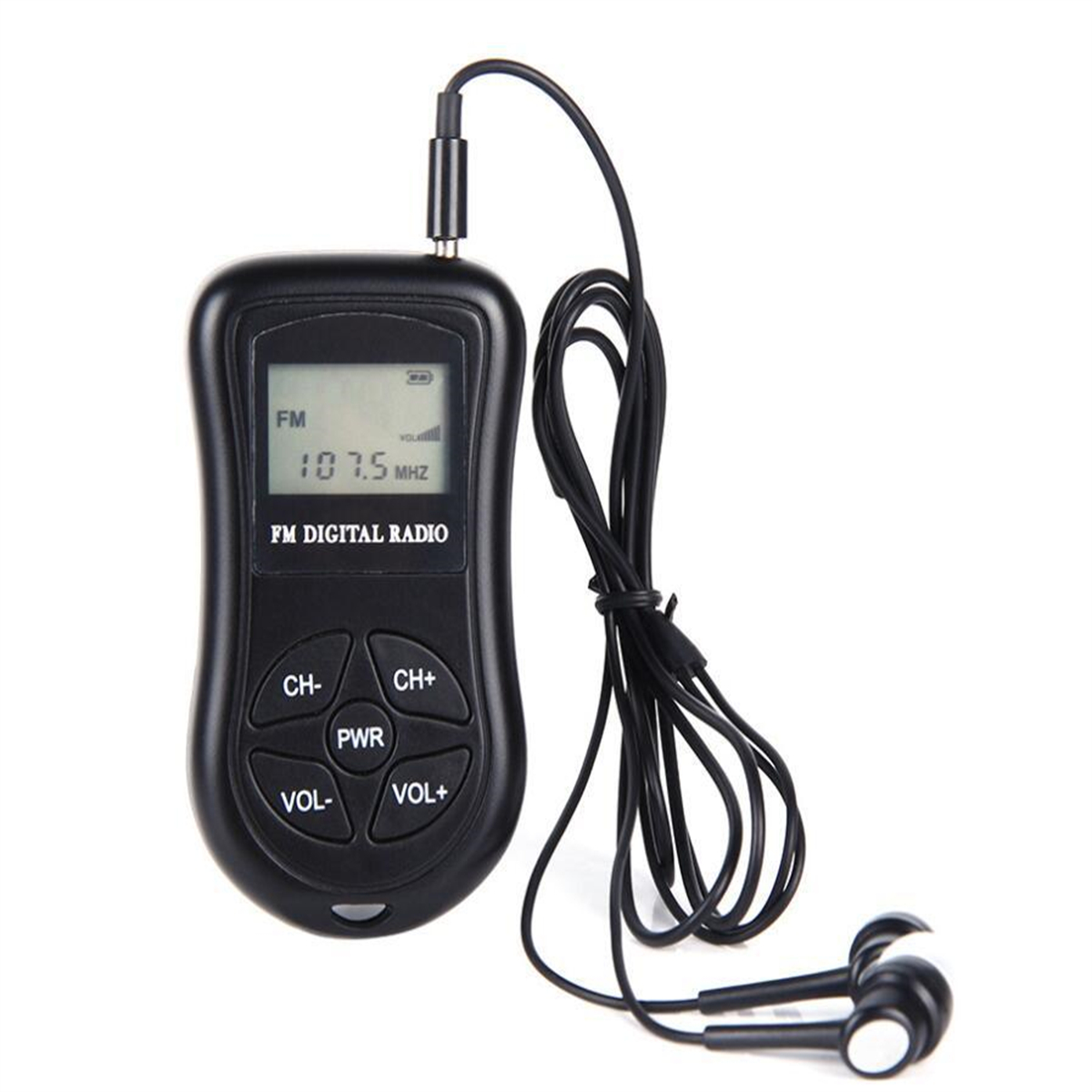 Schwarzes FM-Digitalradio mit Bildschirm, Knöpfen und Ohrhörern.