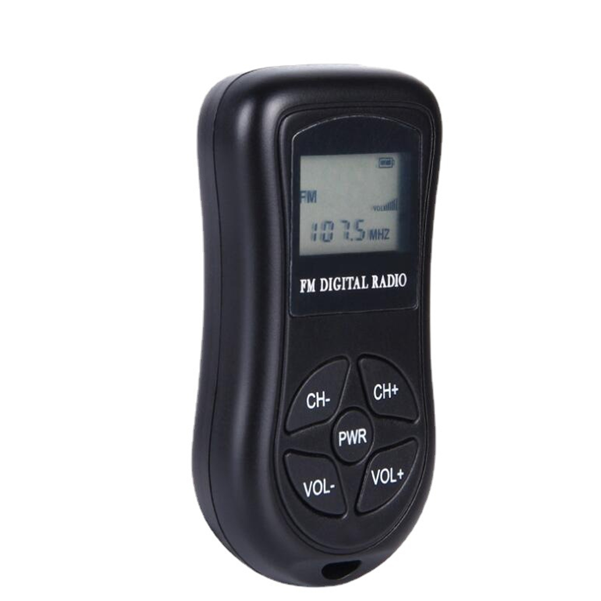 Ein schwarzes, tragbares digitales UKW-Radio mit Tasten und einem Display, das 107,5 MHz anzeigt.