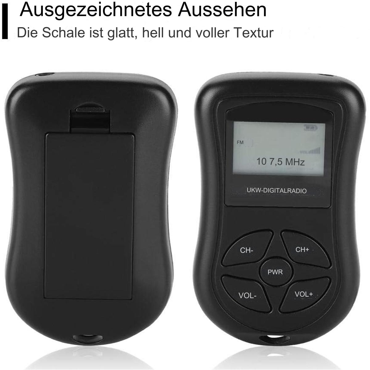Schwarzes Radiogerät mit Bildschirm, der '107,5 MHz' anzeigt, und Knöpfen.