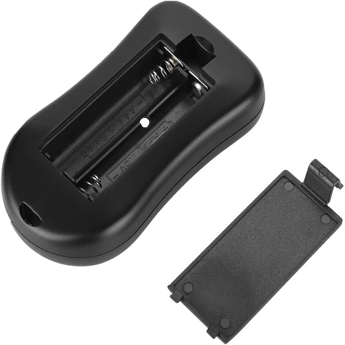 Schwarze Fernbedienung mit offenem Batteriefach.