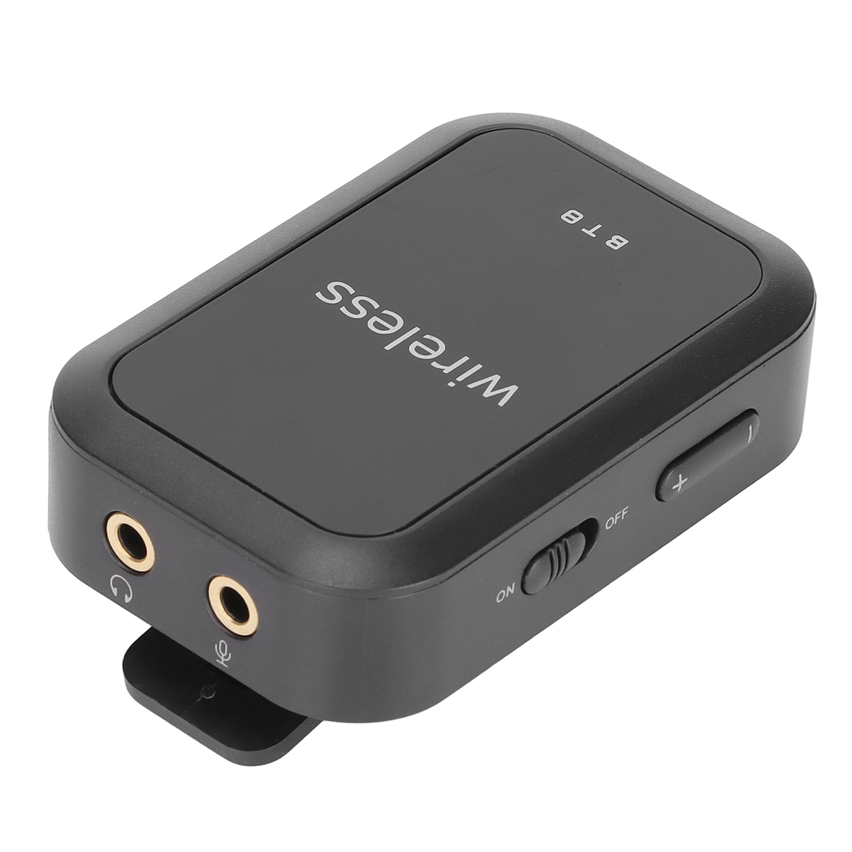 Schwarzer Funkempfänger mit Anschlüssen und Tasten. Das Wort 'Wireless' steht darauf.