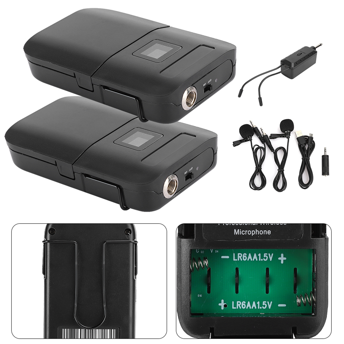 Zwei schwarze drahtlose Mikrofon-Geräte mit Zubehör und Detail des Batteriefachs.