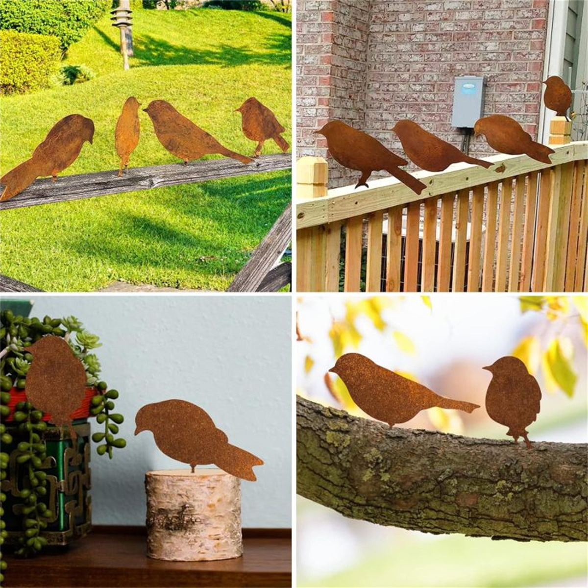 Mehrere Bilder zeigen rostige Metall-Vogelsilhouetten auf Zäunen, Ästen und Oberflächen.