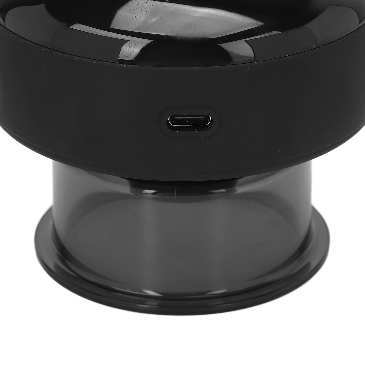 Schwarzes Schröpftherapiegerät. Es hat einen USB-Anschluss und eine durchscheinende Becherbasis.