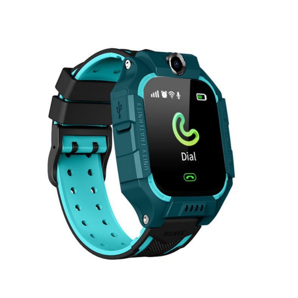 Türkisfarbene Smartwatch mit Anrufschnittstelle. Mit Kamera und dem Wort 'Brave' am Armband.