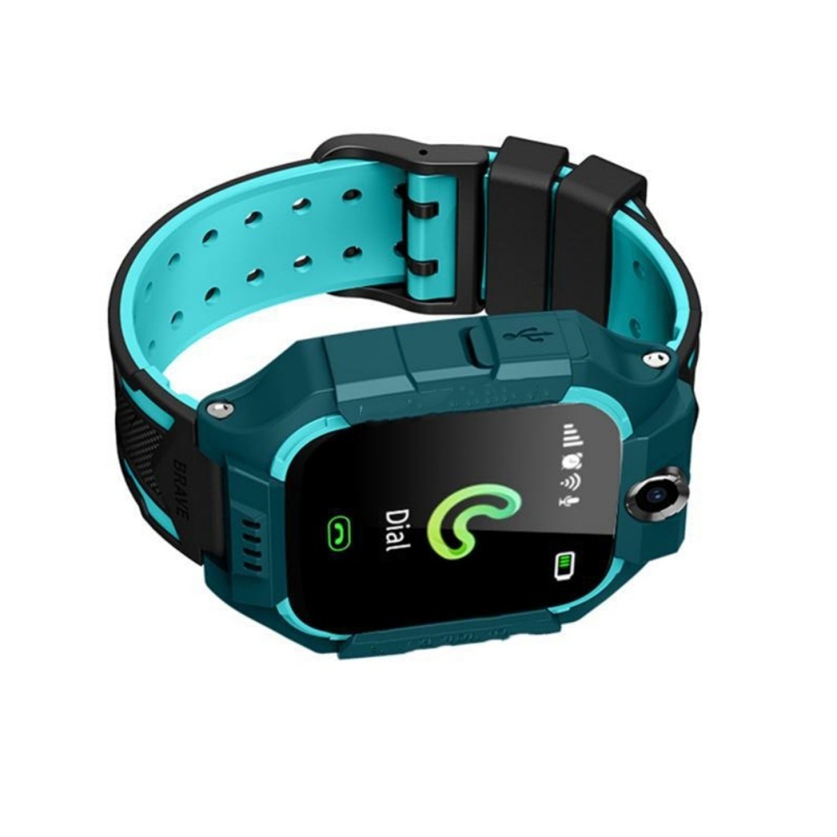 Eine Smartwatch mit türkisem Armband, die einen Telefonwahlbildschirm zeigt.