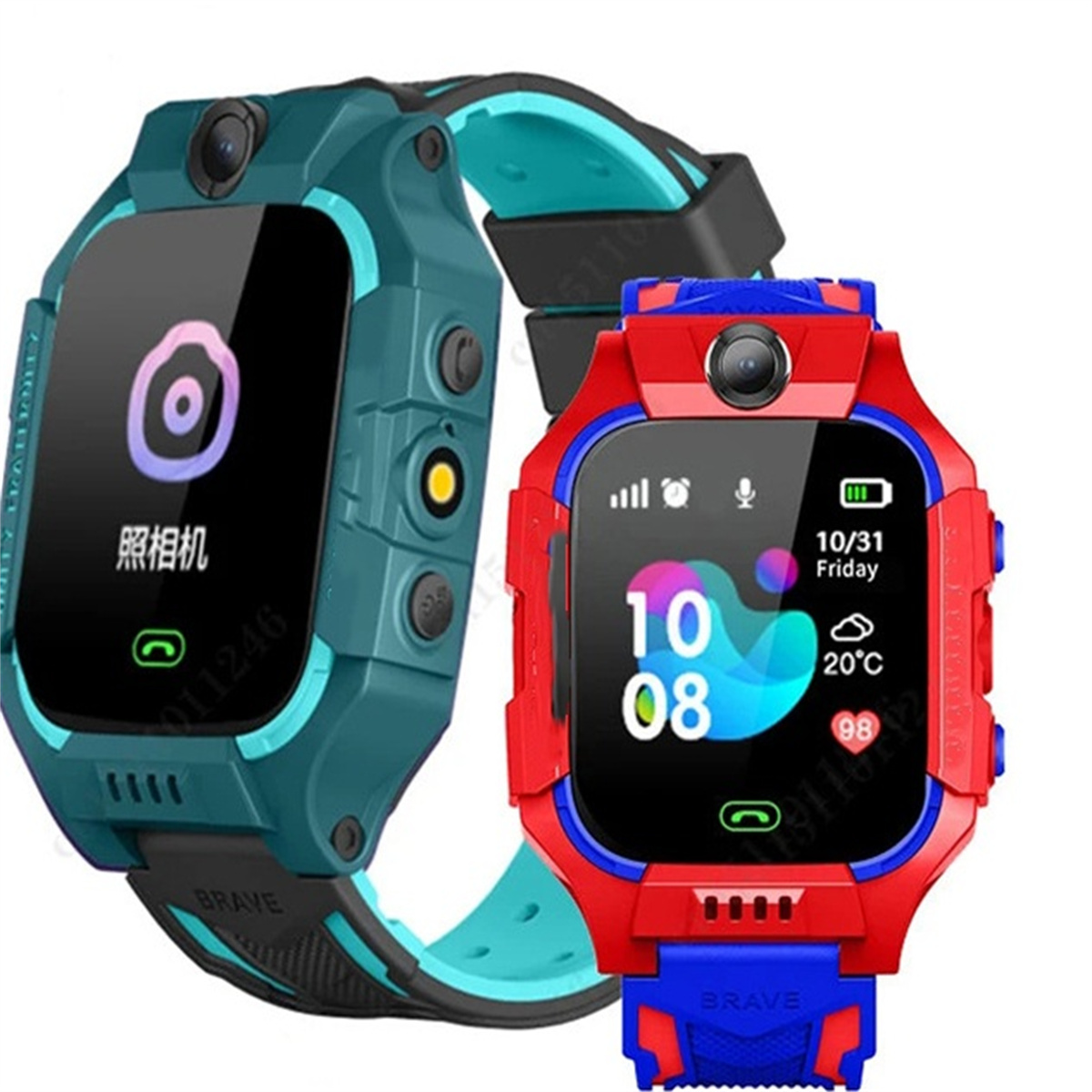 Zwei Smartwatches, eine teal und eine rote, die Zeit und Benutzeroberfläche zeigen.