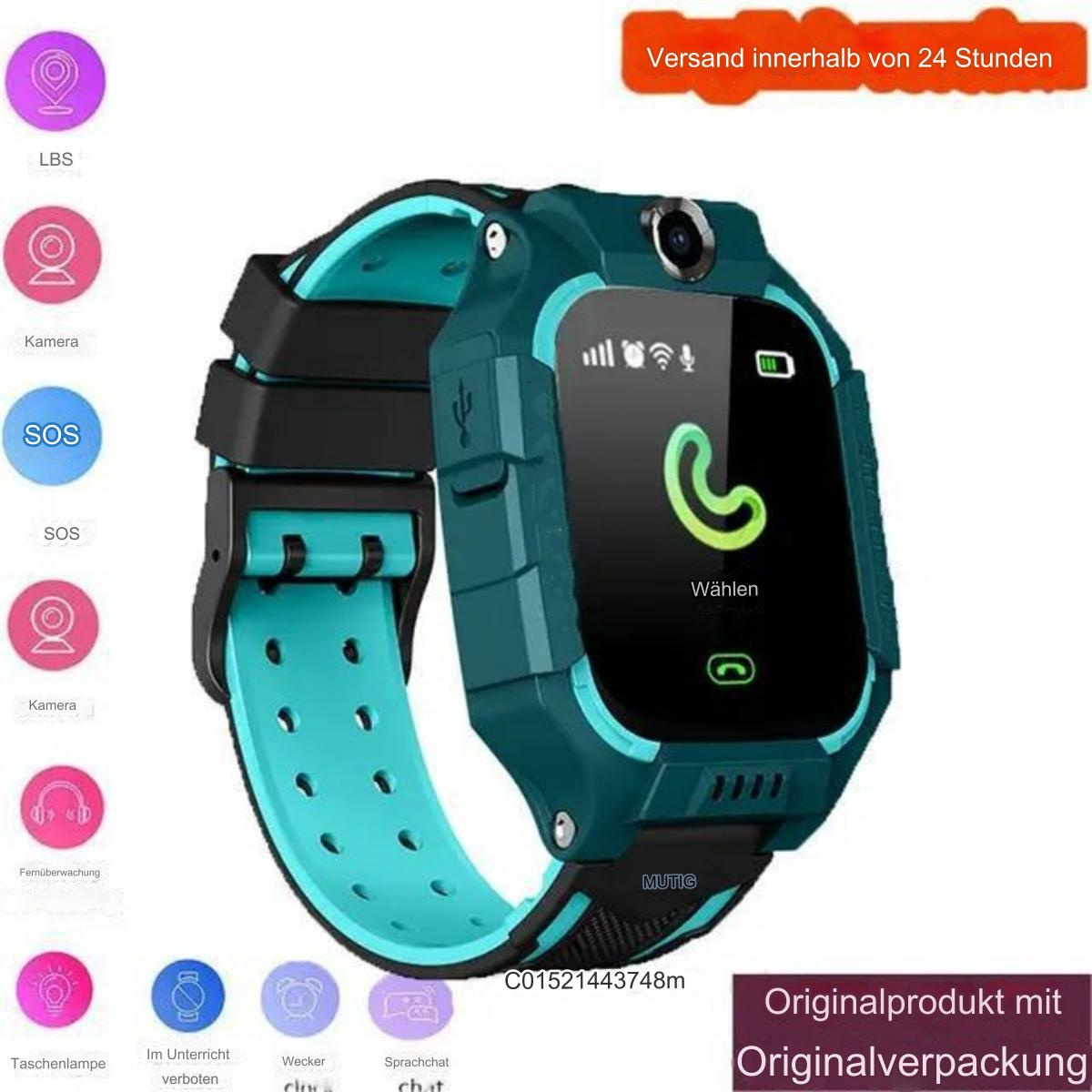 Eine teal-farbene und schwarze Smartwatch mit Symbolen auf dem Bildschirm und einer Ruftaste.