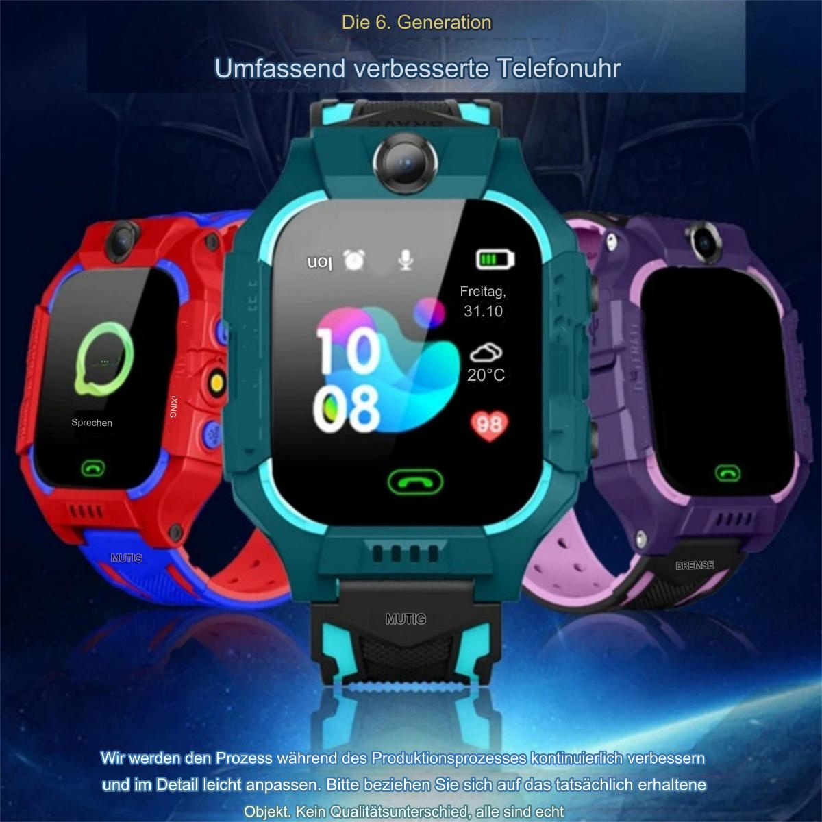Smartwatches in Rot, Grün und Lila. Sie haben digitale Displays und befinden sich auf einer weißen Oberfläche. Der Text ist auf Deutsch.