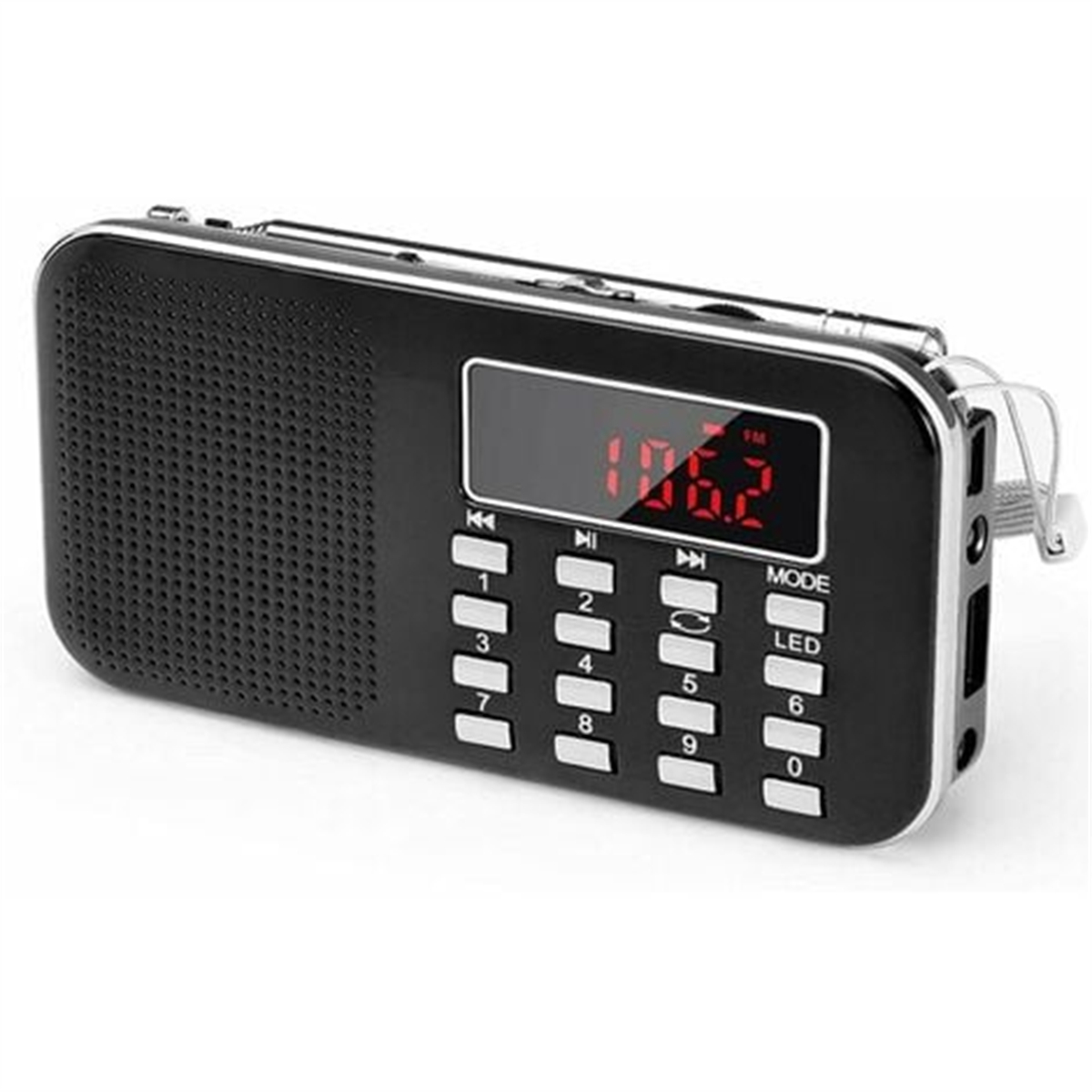 Ein kleines schwarzes Radio mit einem Bildschirm, der 176.2 anzeigt. Es hat Knöpfe und einen Lautsprecher.