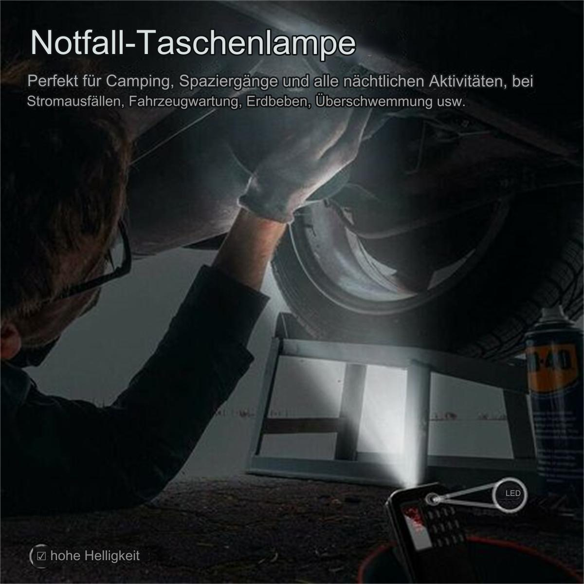 Eine Person arbeitet mit einer Taschenlampe am Unterboden eines Autos, unter einem Schild.