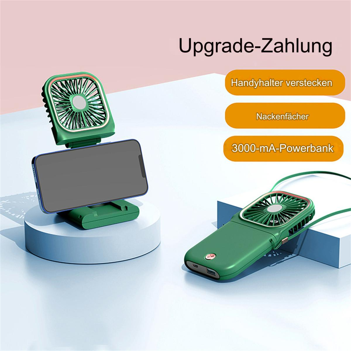 Grüner tragbarer Ventilator mit Telefonständer und Telefon, auf weißem Hintergrund.