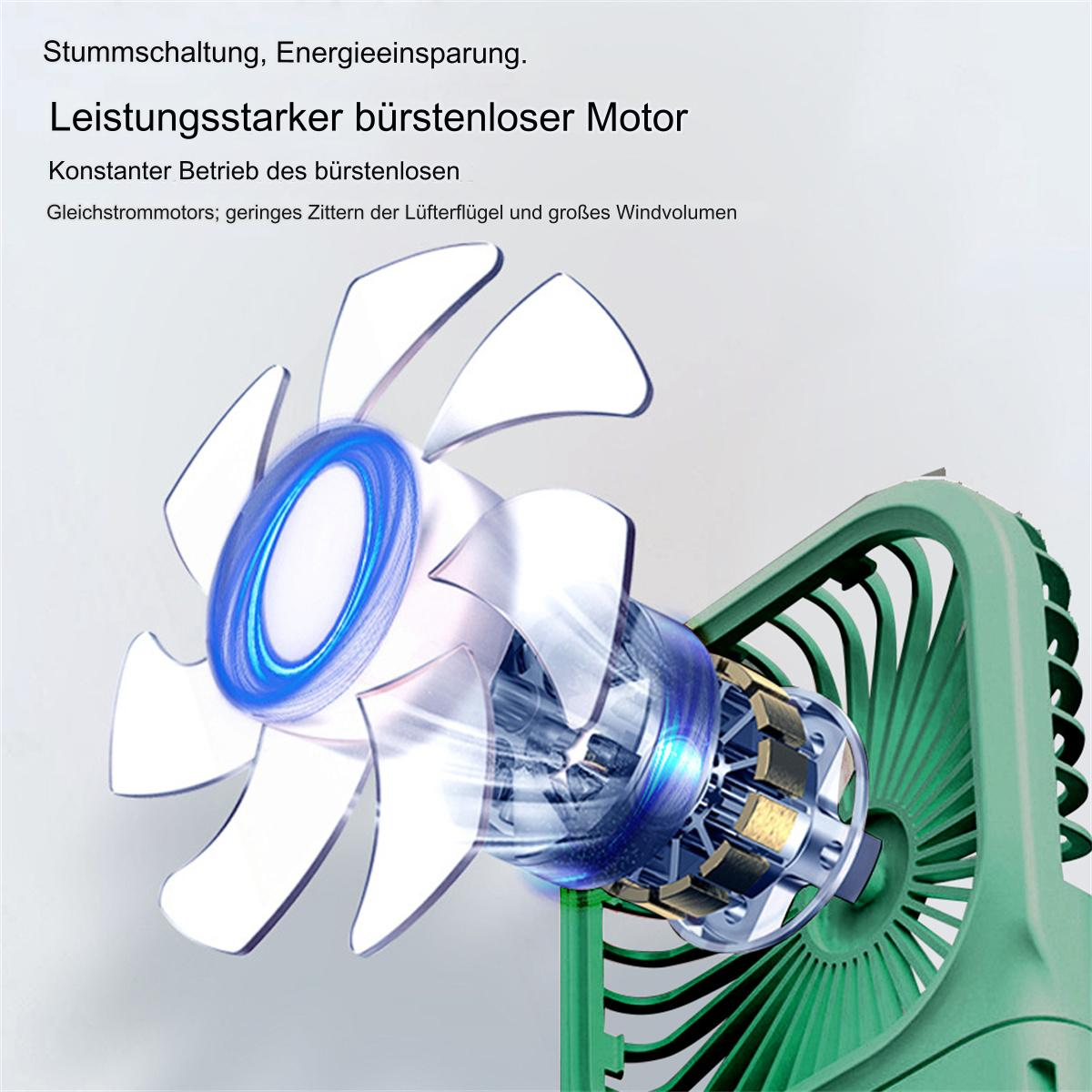 Ein grüner Ventilator mit blauem Licht. Eine Nahaufnahme der inneren Komponenten des Ventilators ist sichtbar.