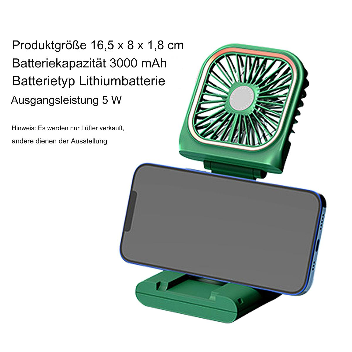 Ein grüner Ventilator mit Telefonhalter, und ein Smartphone befindet sich im Halter.