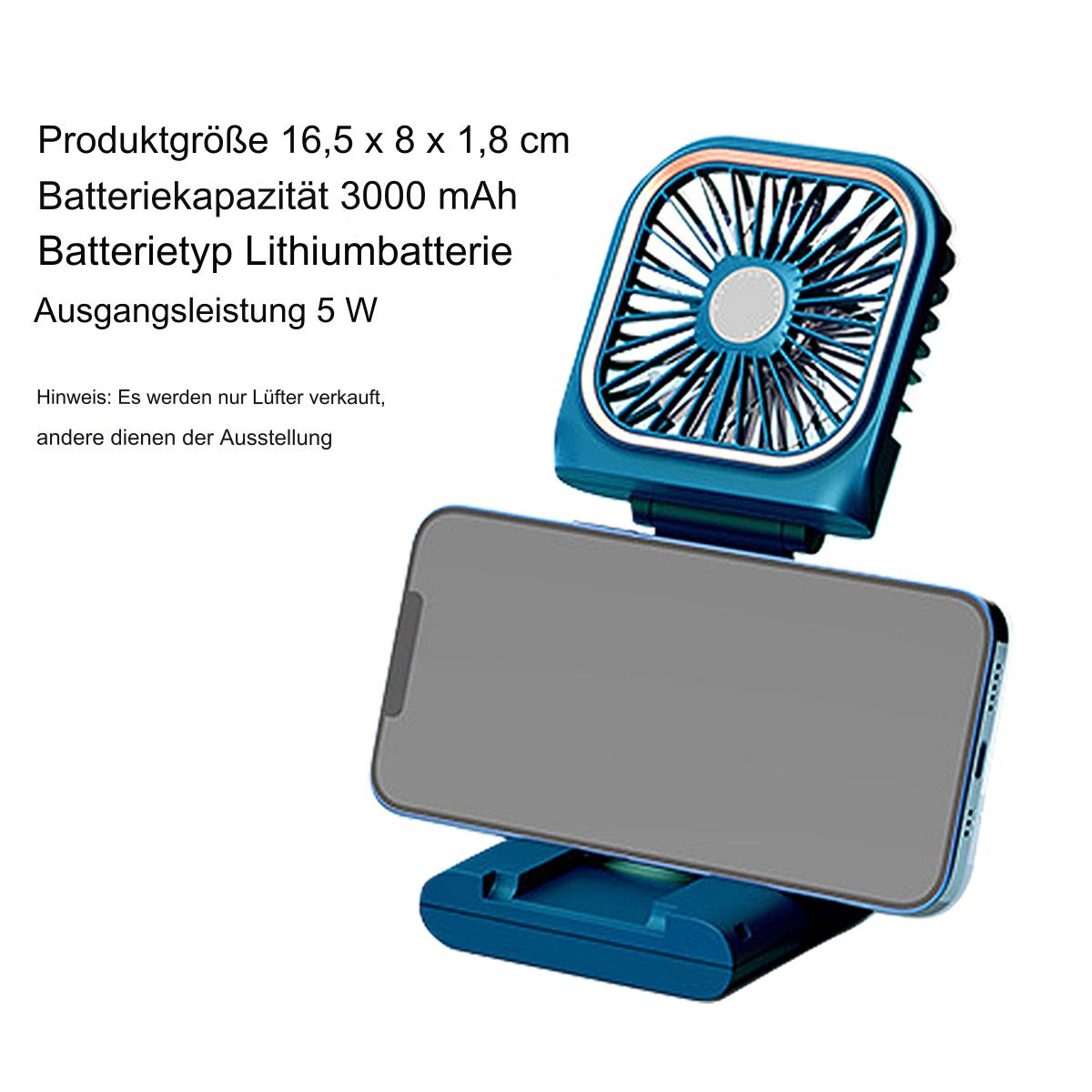 Ein Mini-Ventilator mit Handyhalter. Produktdetails sind auf dem Bild aufgeführt.