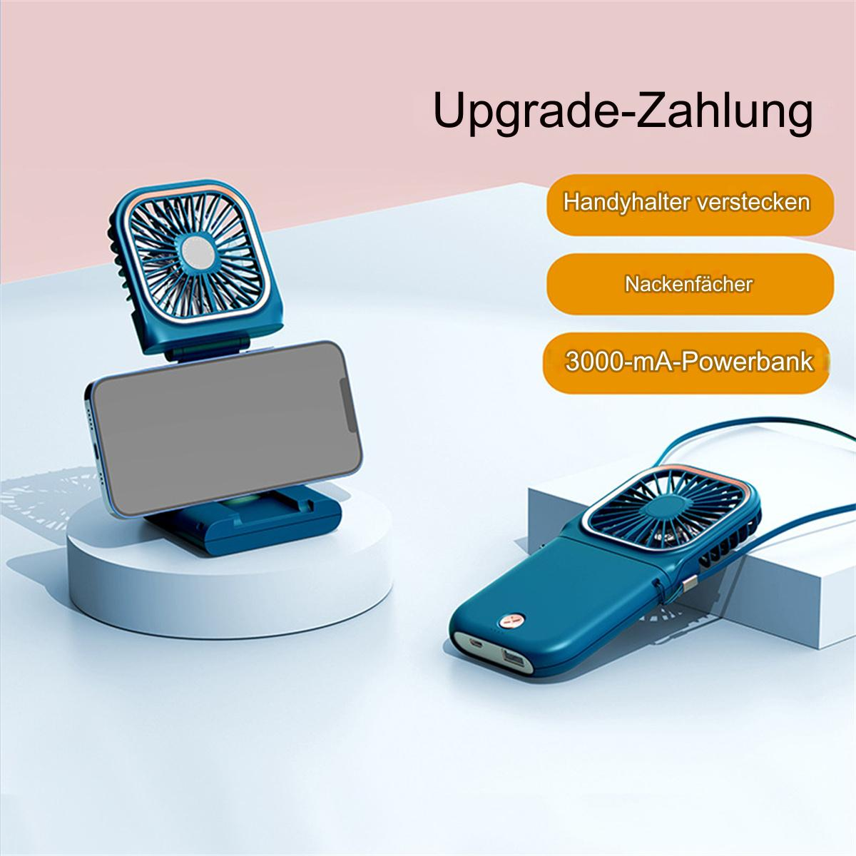 Ein türkisfarbener tragbarer Ventilator mit Telefonhalter und 3000-mA-Powerbank.