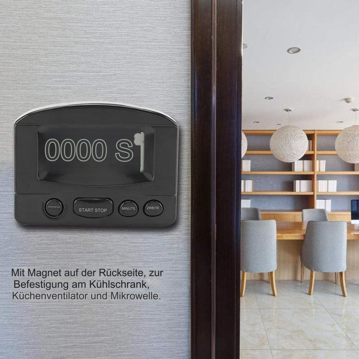Ein schwarzer digitaler Küchentimer an einer Wand. Er hat Knöpfe für Start/Stopp, Minuten und Sekunden, mit einer Anzeige.