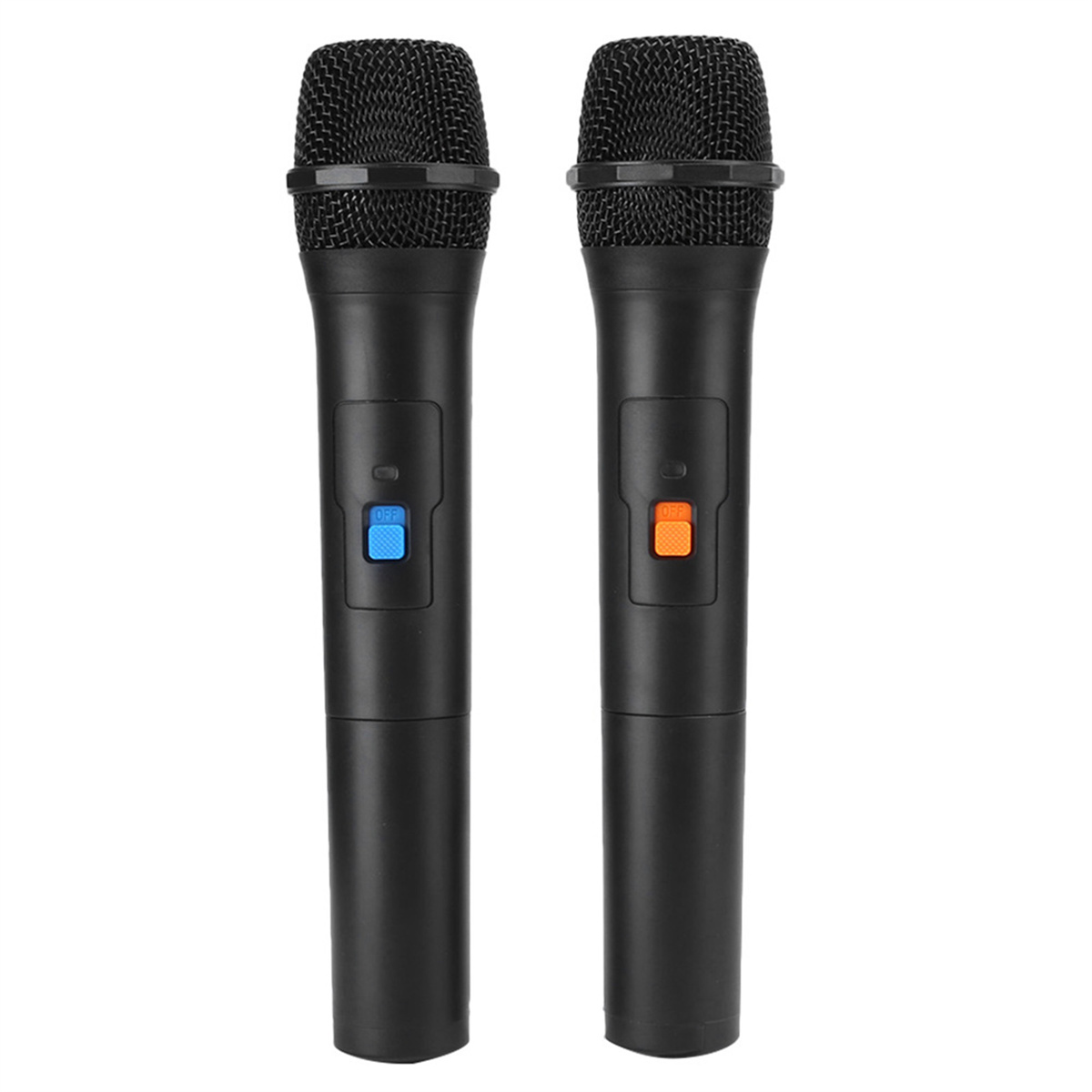 Paar schwarze Mikrofone. Jedes hat eine Ein/Aus-Taste in Blau und Orange. Weißer Hintergrund.