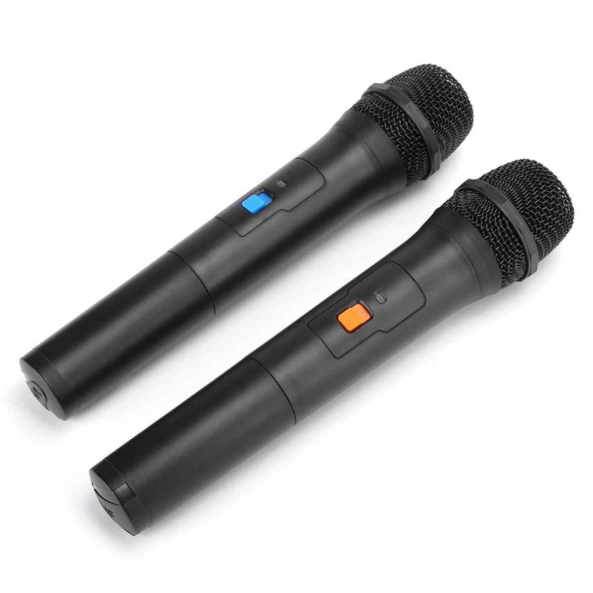 Zwei schwarze Handmikrofone mit blauen und orangenen Ein- / Aus-Knöpfen.