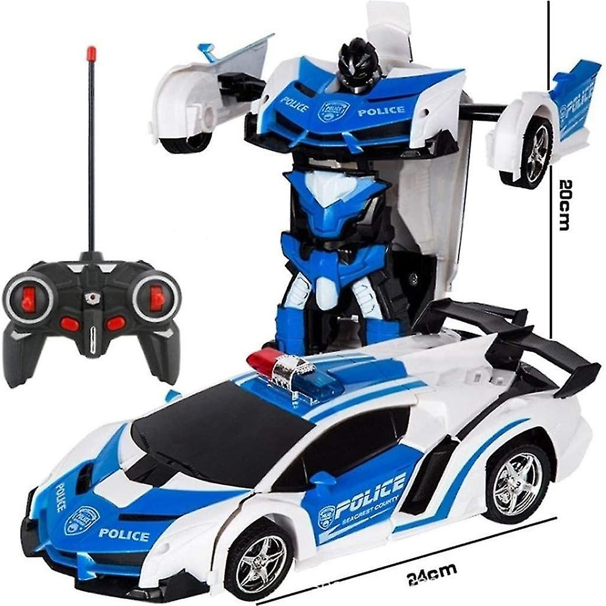 Ein blau-weißes Polizeiauto-Roboter-Spielzeug, mit Fernbedienung im Hintergrund. Abmessungen sind angegeben.