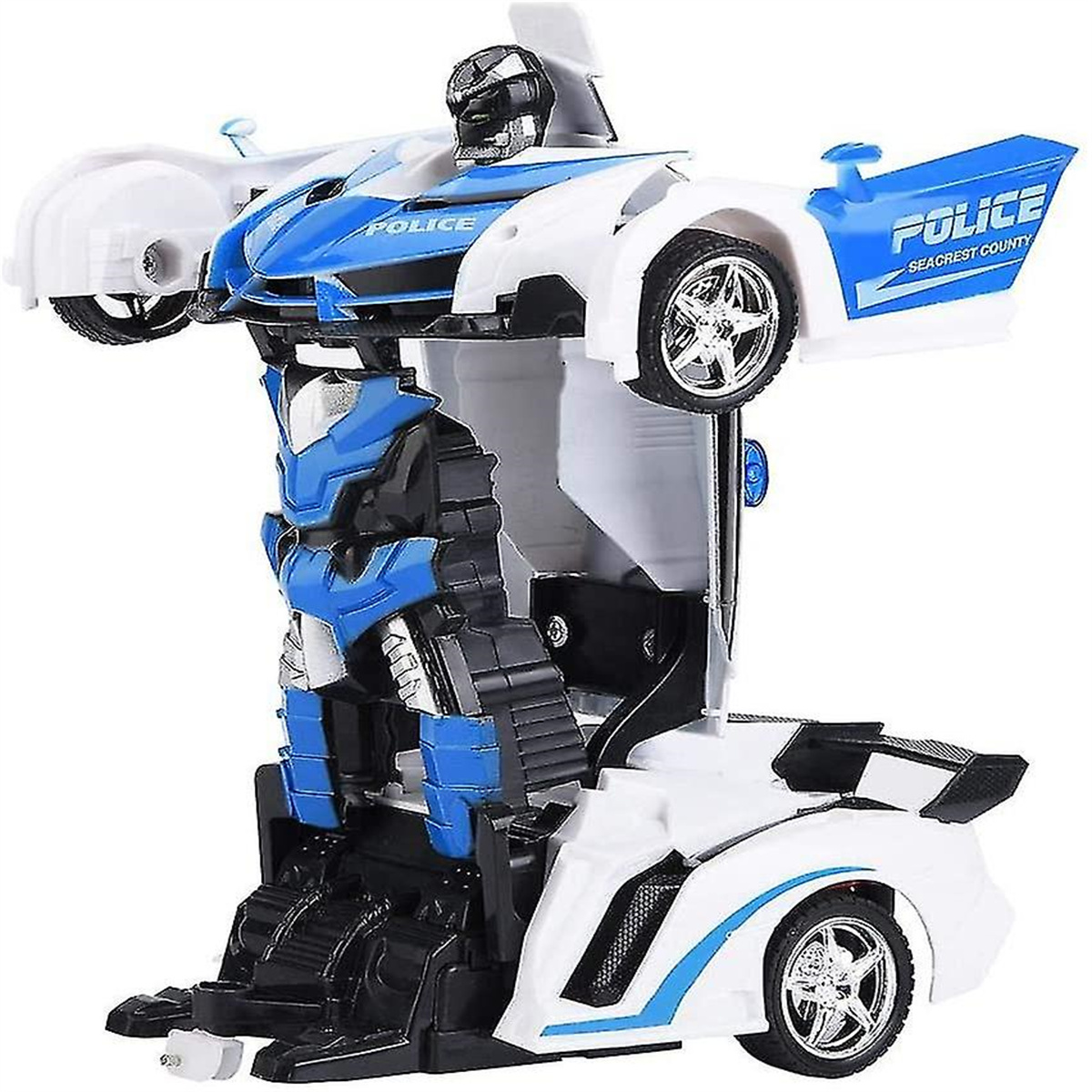 Ein weißes und blaues Spielzeugroboter, der sich in ein Polizeiauto verwandelt.