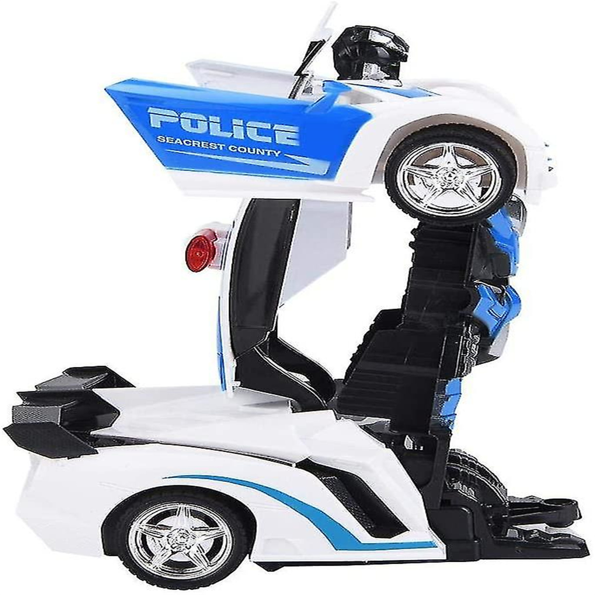 Ein Spielzeug-Roboterauto im Polizeiauto-Design, mit blauen und weißen Farben.