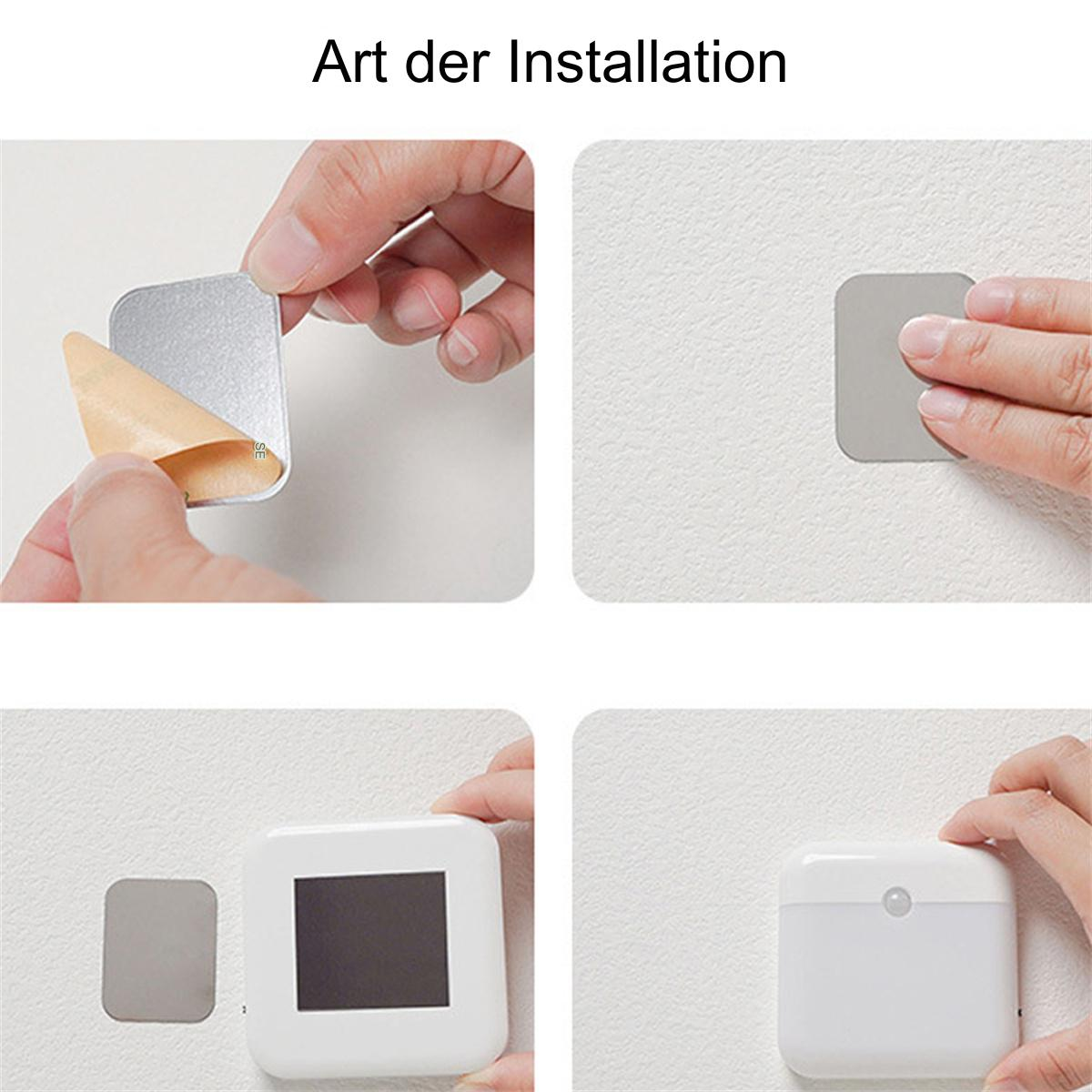Hände, die Klebequadrate an eine Wand anbringen. Vier Bilder zeigen die Installationsschritte.
