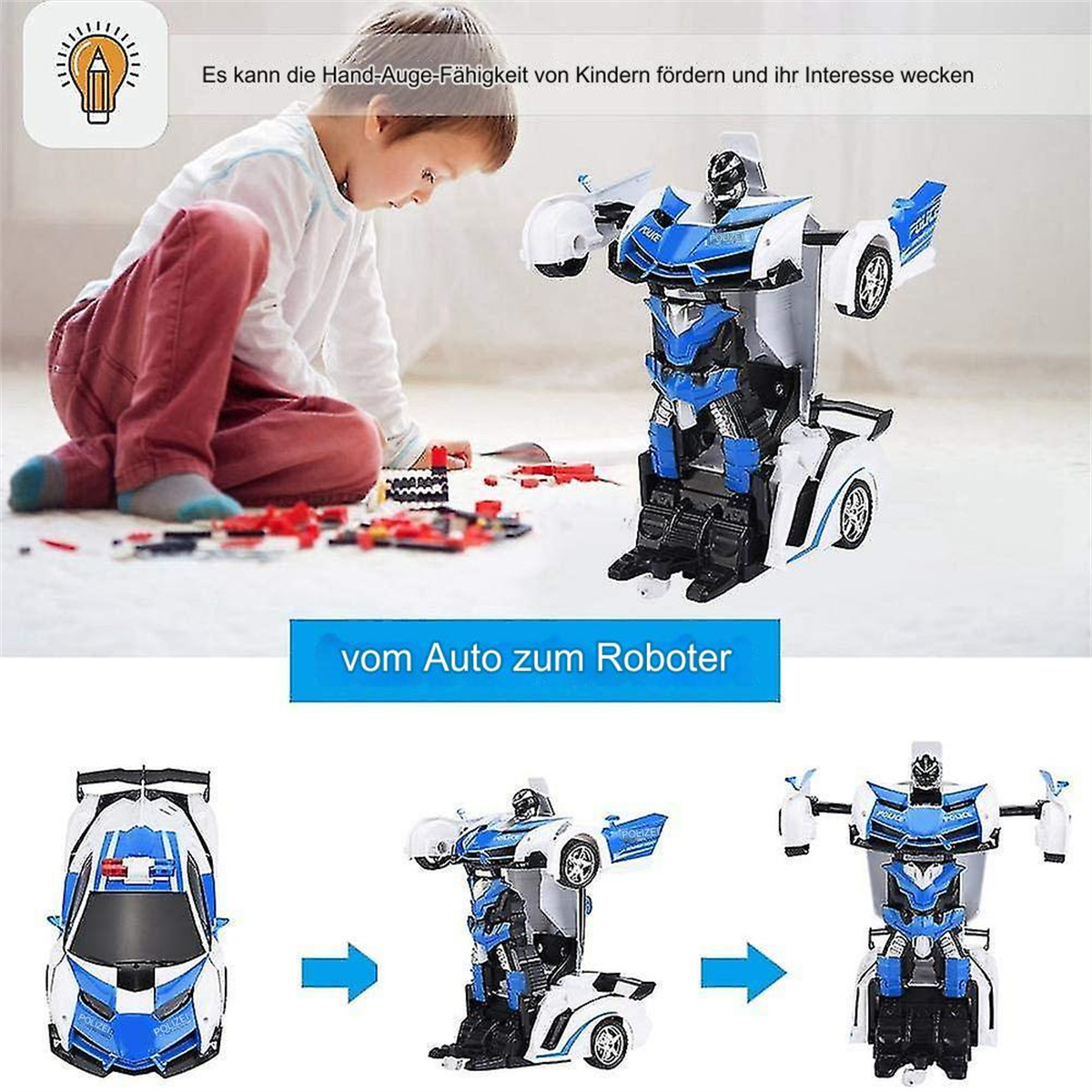 Ein Kind spielt mit einem sich verwandelnden Polizei-Autospielzeug. Es verwandelt sich vom Auto in einen Roboter.