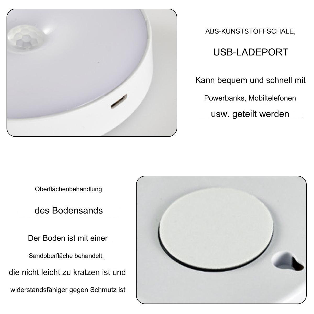 Nahaufnahme eines weißen, runden, USB-betriebenen Nachtlichts. Zusätzliche Details werden gezeigt.