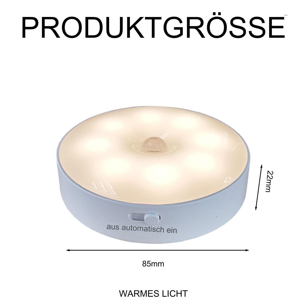 Weiße LED-Leuchte mit Maßangaben. Sie hat eine Warmlichteinstellung, und der Text ist auf Deutsch.