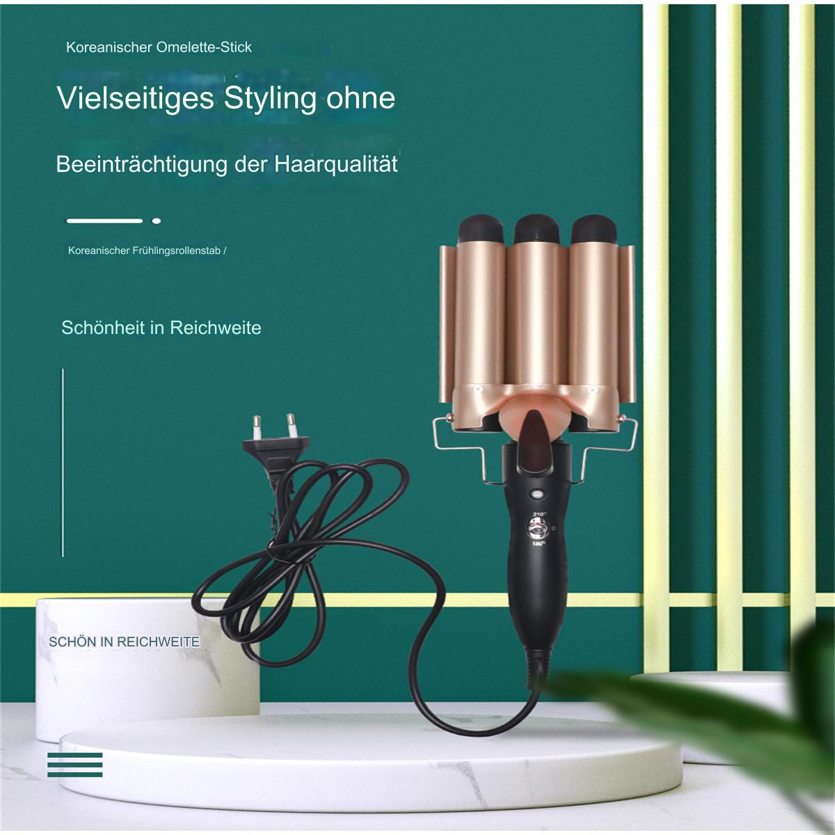 Ein gold-schwarzer Haarstyler mit Text in einer Beauty-Komposition.
