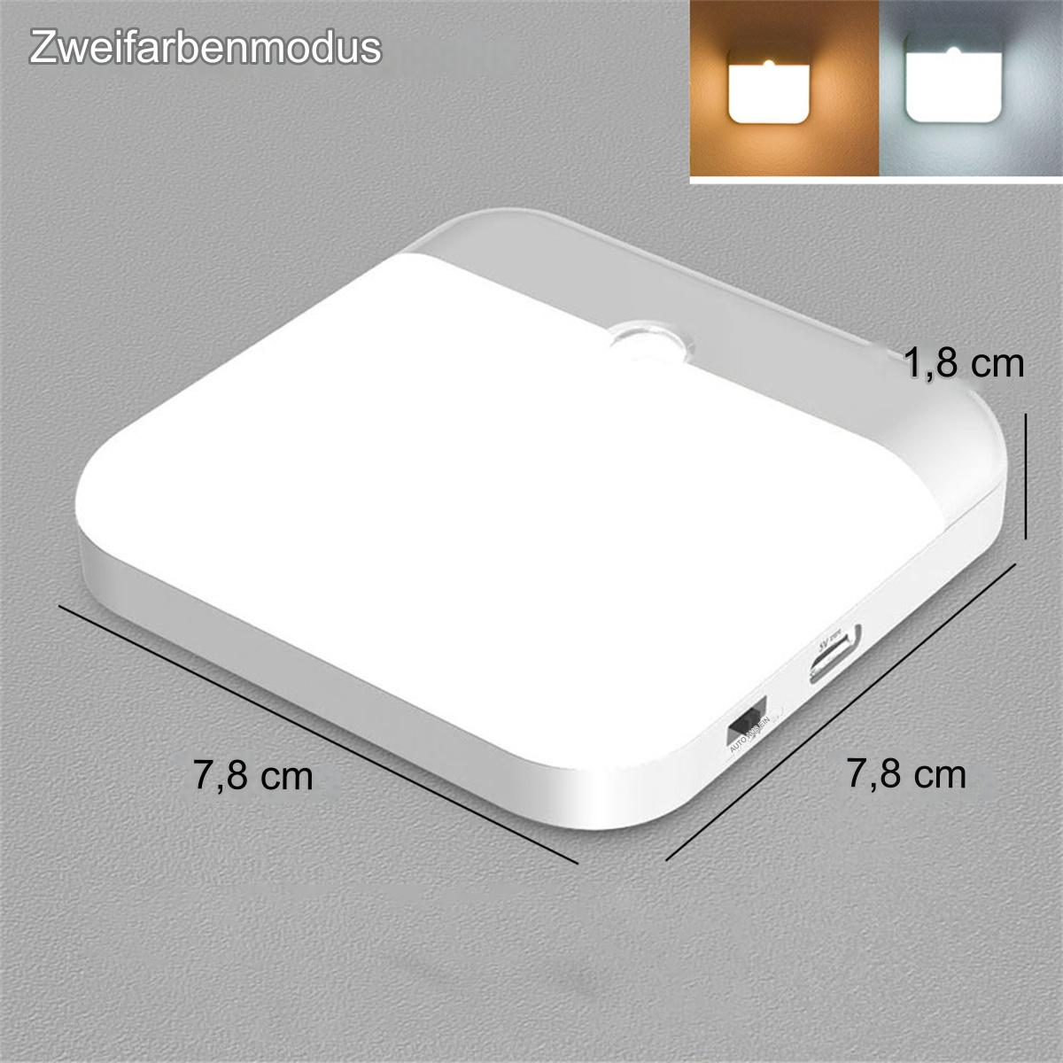 Weiß-graues quadratisches Licht mit Abmessungen. Ein USB- und Micro-USB-Anschluss befinden sich an der Seite. Grauer Hintergrund.