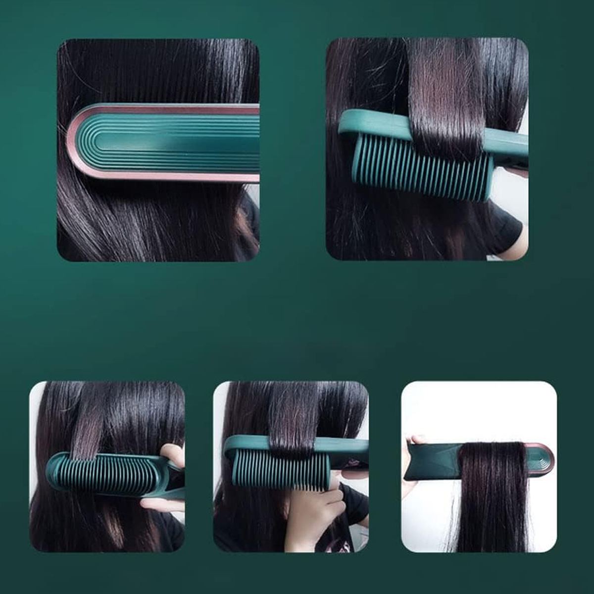 Eine Reihe von Bildern, die zeigen, wie Haare mit einem grün-rosa Haarglättungskamm geglättet werden.