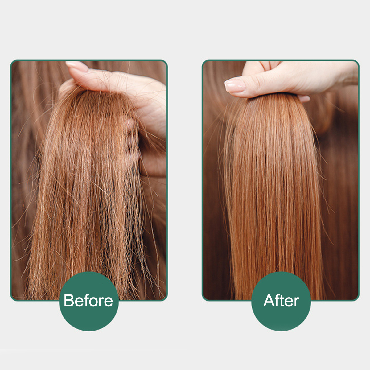 Haare vor und nach der Behandlung, Vergleich der Texturen und Farben.